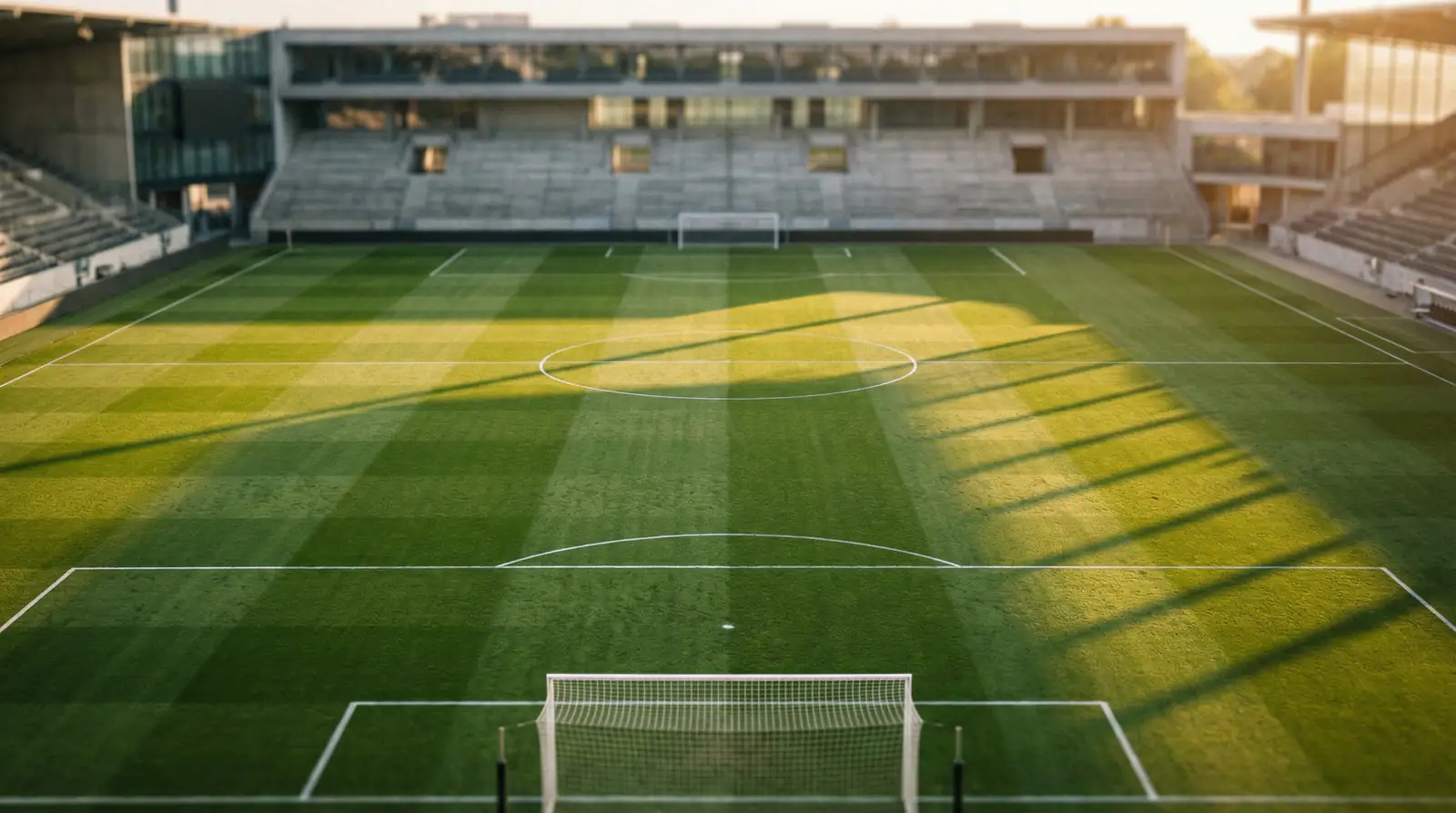 Bundesliga Tipps Heute – Fußballfeld mit Rasenmarkierungen im Abendlicht