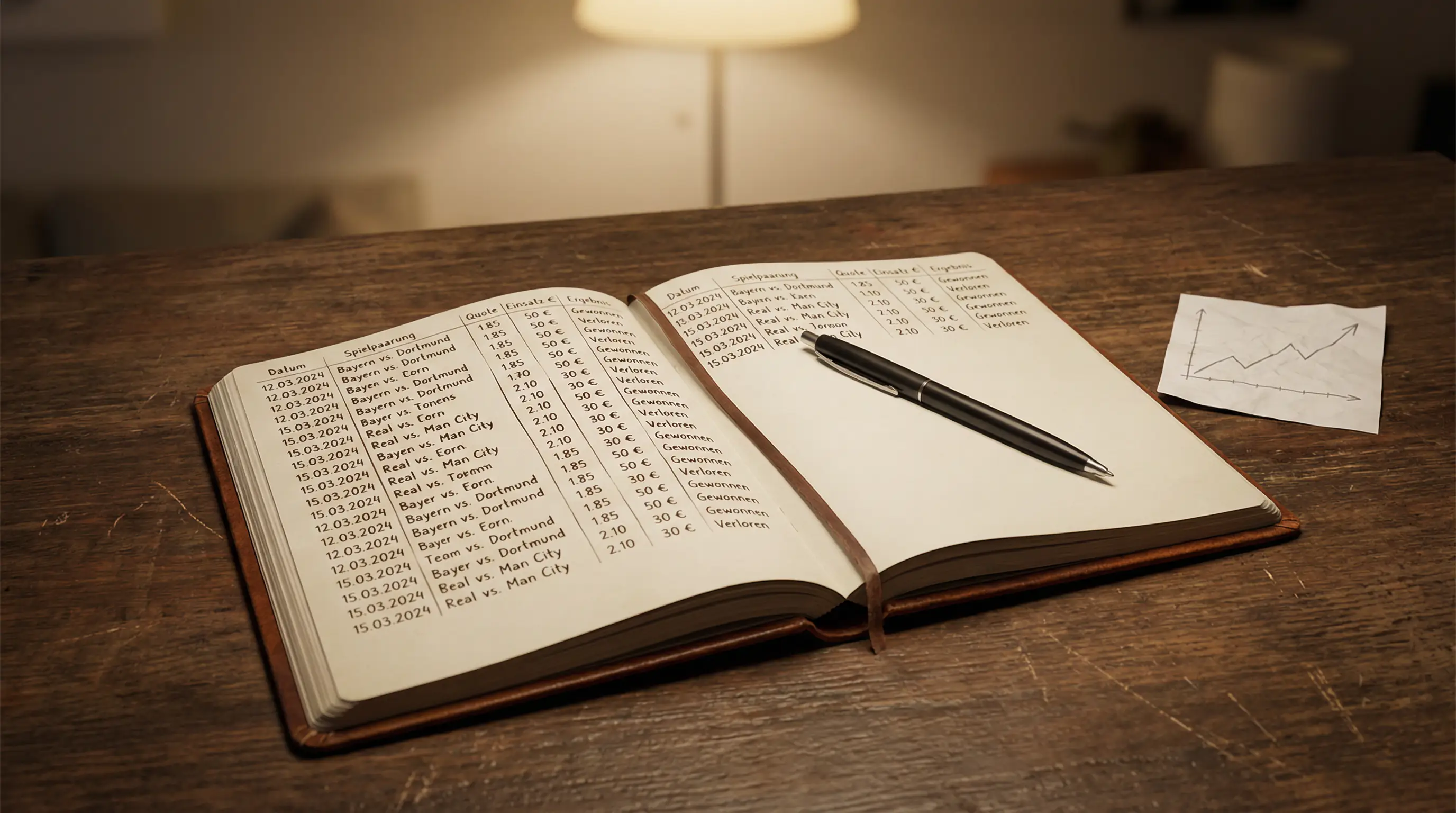 Bundesliga Wettstrategien – Notizbuch mit dokumentierten Wettanalysen